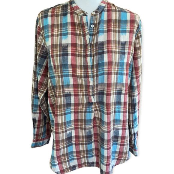 Trovata Birds of Paradis • Colour Plaid Hidden Placket Henley Blouse - Picture 1 of 12